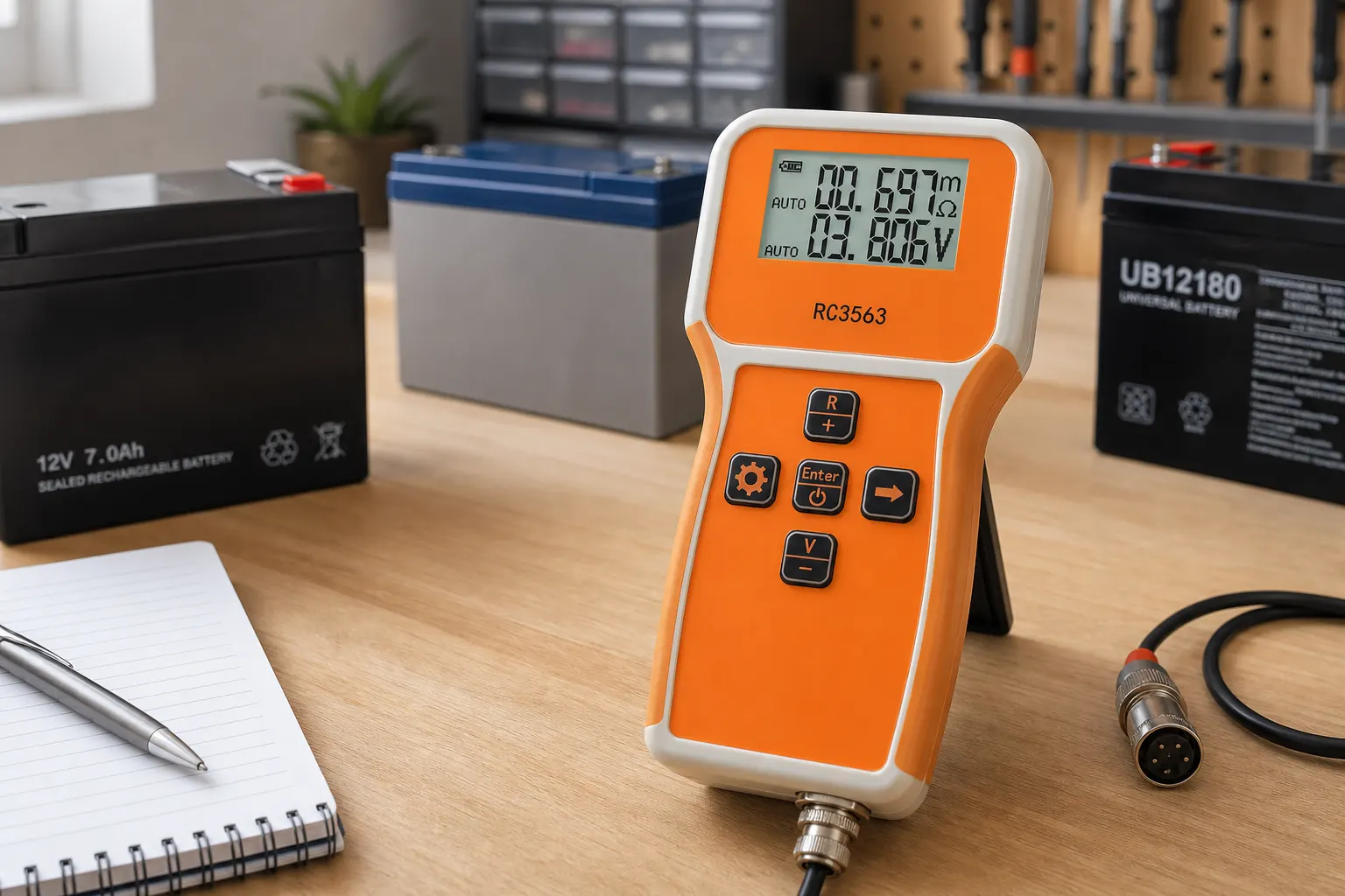 RC3563 internal resistance tester on a workbench